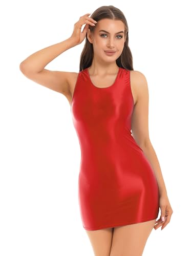 TiaoBug Damen ÖL Glanz Kleid aus Nylon Strumpfhose Slim Fit Bodycon Stretch Minikleid Ärmellos Rundhals Nachthemd Babydoll Negligee Rot C XL von TiaoBug