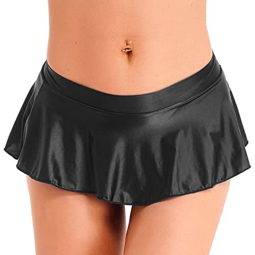 TiaoBug Damen ÖL Glanz Rock Gefaltet Skater Swing Teller Röcke Elastische Taille Extrem Kurz Röckchen Gogo Clubwear Schwarz XL von TiaoBug