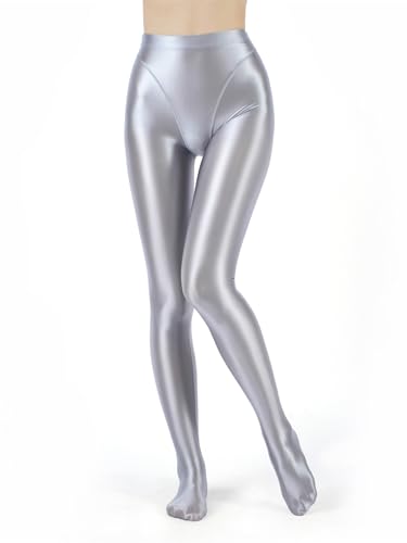 TiaoBug Damen ÖL Glanz Strumpfhose Glänzende Hose Nahtlose Glatte Leggings Tights Modische Pantyhose mit Glitzer Sommer Herbst Winter Stockings Grau XL von TiaoBug