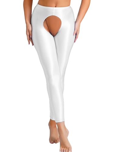 TiaoBug Damen ÖL Glanz Strumpfhose Offener Schritt Pantyhose Sport Yoga Hose Stretch Leggings Workout Training Tights Nylon Stockings Weiß B M von TiaoBug