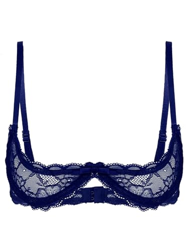 TiaoBug Damen Ouvert BH Spitzen Unterwäsche Sexy Unterbrust Hebe Bra Offene Brust Lingerie Regulierbare Träger Reizvoll Transparent Bikini Oberteil Marineblau M von TiaoBug