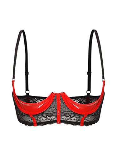 TiaoBug Damen Ouvert BH Spitzen Unterwäsche Sexy Unterbrust Hebe Bra Offene Brust Lingerie Regulierbare Träger Reizvoll Transparent Bikini Oberteil Rot J 5XL von TiaoBug
