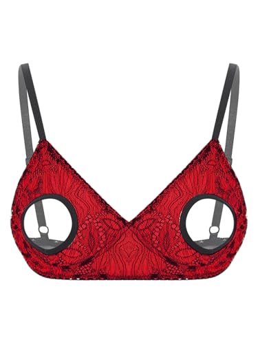 TiaoBug Damen Ouvert BH Transparent Spitzen Bra Brustfreie Unterwäsche Spaghettiträger Bikinioberteil mit Cut-Outs an Brustwarzen Elegant Dessous Top Schwarz Rot XL von TiaoBug