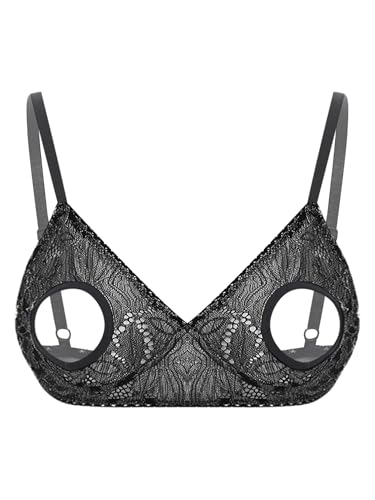TiaoBug Damen Ouvert BH Transparent Spitzen Bra Brustfreie Unterwäsche Spaghettiträger Bikinioberteil mit Cut-Outs an Brustwarzen Elegant Dessous Top Schwarz XXL von TiaoBug