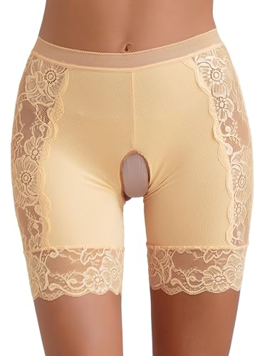TiaoBug Damen Ouvert Miederhose Kurz Spitzen Spleiß Kompressionsshorts Bauchweg Unterhose Hohe Taille Miederpants Figurenformend Shapewear Nackt XXL von TiaoBug
