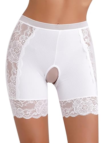 TiaoBug Damen Ouvert Miederhose Kurz Spitzen Spleiß Kompressionsshorts Bauchweg Unterhose Hohe Taille Miederpants Figurenformend Shapewear Weiß L von TiaoBug