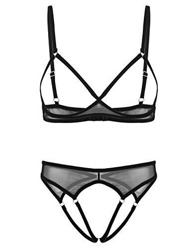 TiaoBug Damen Ouvert Push Up BH Regulierbare Spaghettiträger + Transparent String Tanga Niedrige Taille Höschen Schlüpfer Nachtwäsche Schwarz M von TiaoBug