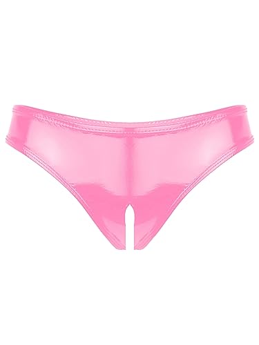 TiaoBug Damen Ouvert-Slip Glänzende Hotpants Leder Shorts Wetlook String Tanga Bikini Hose Pants Hipster Offener Schritt Panties Erotik Dessous Unterwäsche Rosa 4XL von TiaoBug