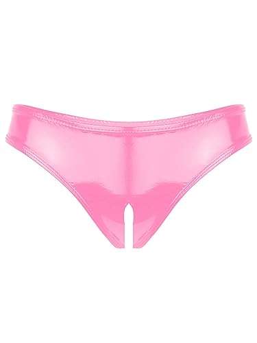 TiaoBug Damen Ouvert-Slip Glänzende Hotpants Leder Shorts Wetlook String Tanga Bikini Hose Pants Hipster Offener Schritt Panties Erotik Dessous Unterwäsche Rosa M von TiaoBug