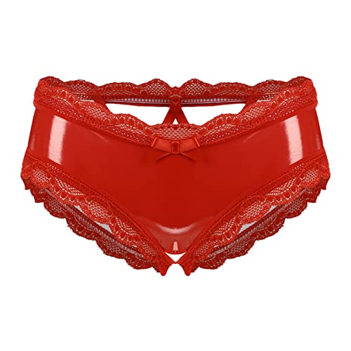 TiaoBug Damen Ouvert-Slip Glänzende Hotpants Leder Shorts Wetlook String Tanga Bikini Hose Pants Hipster Offener Schritt Panties Erotik Dessous Unterwäsche Rot C XL von TiaoBug