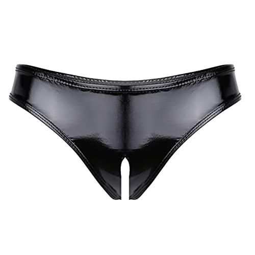 TiaoBug Damen Ouvert-Slip Glänzende Hotpants Leder Shorts Wetlook String Tanga Bikini Hose Pants Hipster Offener Schritt Panties Erotik Dessous Unterwäsche Schwarz L von TiaoBug