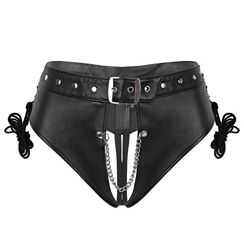 TiaoBug Damen Ouvert-Slip Lack Leder Hot Pants Booty Shorts mit Nieten Gürtel Metall Kette im Schritt Hohe Taille Hipster Panty mit Schnür Bikinihose Schwarz M von TiaoBug