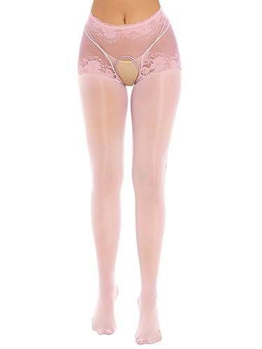 TiaoBug Damen Ouvert Strumpfhose Transparent Pantyhose Elegant Strumpfwaren Tanzstrumpfhose Gogo Outfits Clubwear Rosa C XL von TiaoBug