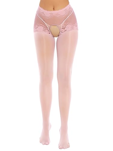 TiaoBug Damen Ouvert Strumpfhose Transparent Pantyhose Elegant Strumpfwaren Tanzstrumpfhose Gogo Outfits Clubwear Rosa C XL von TiaoBug
