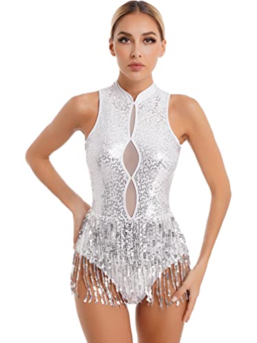 TiaoBug Damen Pailletten Ballettenkleid Neckholder Tanzkleid mit Fransen Rückenfrei Latein Kleid Flpper Rock Ballettkleidung Weiß A L von TiaoBug