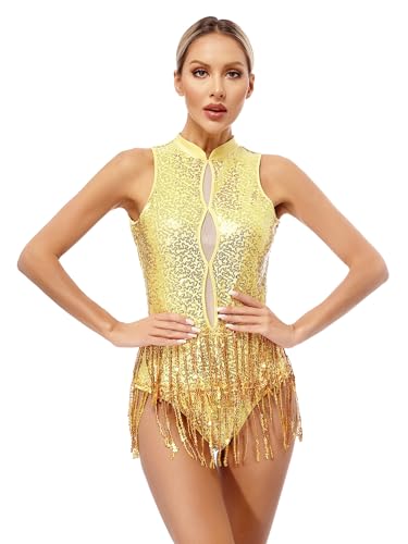 TiaoBug Damen Pailletten Ballettenkleid Spaghettiträger Tanzkleid mit Fransen Rückenfrei Latein Kleid Ballettkleidung Gold A S von TiaoBug