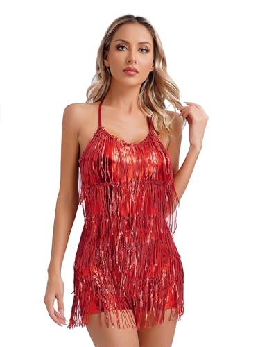 TiaoBug Damen Pailletten Ballettenkleid Spaghettiträger Tanzkleid mit Fransen Rückenfrei Latein Kleid Ballettkleidung Rot D L von TiaoBug