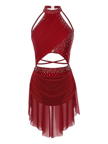 TiaoBug Damen Pailletten Ballettkleid Neckholder Rückenfrei Latein Kleid Asymmetrisches Standard Tanzkleid Ballett Trikot Tutu Rock Gymnastikanzug Weinrot S von TiaoBug