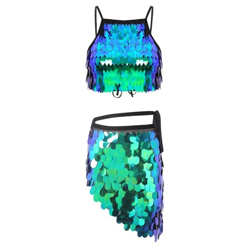 TiaoBug Damen Pailletten Bauchtanz Kostüm Spaghettiträger Top und Asymmetrischer Rock zum Binden Wettbewerb Wettkampf Outfits Zweiteilige Tanzbekleidung Grün L von TiaoBug
