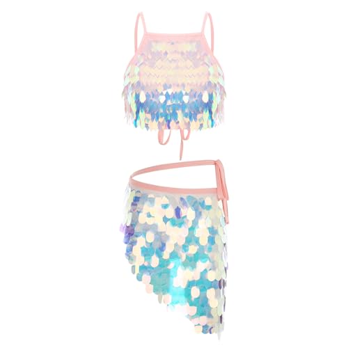 TiaoBug Damen Pailletten Bauchtanz Kostüm Spaghettiträger Top und Asymmetrischer Rock zum Binden Wettbewerb Wettkampf Outfits Zweiteilige Tanzbekleidung Rosa XL von TiaoBug