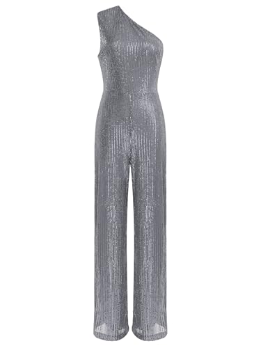 TiaoBug Damen Pailletten Jumpsuit Overall Ein-Schulter Body mit Weite Hose Festlich Einteiler Modern Hosenanzug Tanz Leotard Romper Playsuit Grau M von TiaoBug