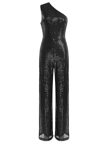 TiaoBug Damen Pailletten Jumpsuit Overall Ein-Schulter Body mit Weite Hose Festlich Einteiler Modern Hosenanzug Tanz Leotard Romper Playsuit Schwarz XL von TiaoBug