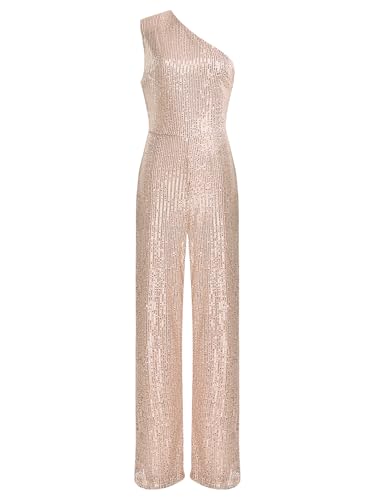 TiaoBug Damen Pailletten Jumpsuit Overall Ein-Schulter Body mit Weite Hose Festlich Einteiler Modern Hosenanzug Tanz Leotard Romper Playsuit Sekt M von TiaoBug
