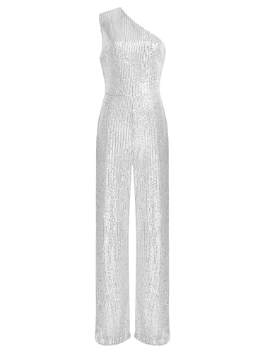 TiaoBug Damen Pailletten Jumpsuit Overall Ein-Schulter Body mit Weite Hose Festlich Einteiler Modern Hosenanzug Tanz Leotard Romper Playsuit Silber XL von TiaoBug