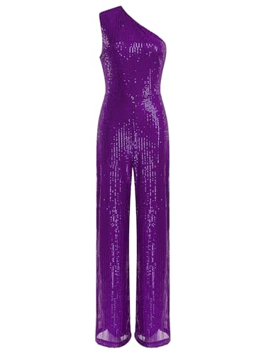 TiaoBug Damen Pailletten Jumpsuit Overall Ein-Schulter Body mit Weite Hose Festlich Einteiler Modern Hosenanzug Tanz Leotard Romper Playsuit Violett XXL von TiaoBug