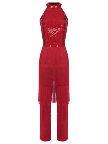 TiaoBug Damen Pailletten Leotard Neckholder Tanz-Body mit Fransen Hose Rückenfrei Jumpsuit Overall Latein Kostüm Einteiler Hosenanzug Weinrot XL von TiaoBug