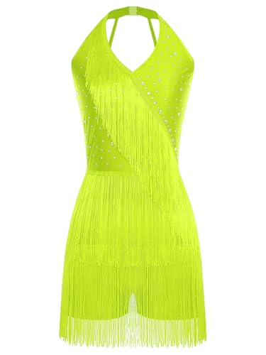 TiaoBug Damen Pailletten Tanzkleid Strassstein Neckholder Latein Kleider Rückenfrei Trikot Body mit Bein Fransen Rock Flapper Eiskunstlauf Kleid Gelb XL von TiaoBug