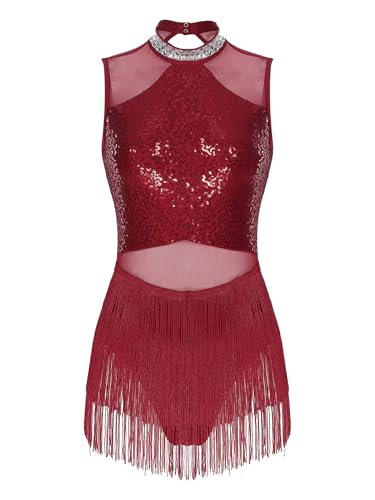 TiaoBug Damen Pailletten Tanzkleid Strassstein Rollkragen Latein Kleider Rückenfrei Trikot Body mit Fransen Rock Flapper Eiskunstlauf Kleid Weinrot M von TiaoBug