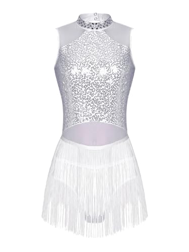 TiaoBug Damen Pailletten Tanzkleid Strassstein Rollkragen Latein Kleider Rückenfrei Trikot Body mit Fransen Rock Flapper Eiskunstlauf Kleid Weiß S von TiaoBug