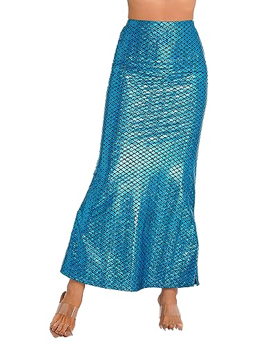 TiaoBug Damen Rock Meerjungfrau Bleistiftrock lang Maxirock Pailletten Fishtail Fischschwanz Partykleid Glitzer festlich Karneval Fasching Kostüm Blau C S von TiaoBug