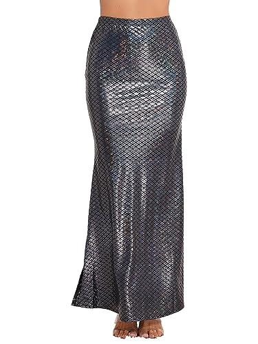 TiaoBug Damen Rock Meerjungfrau Bleistiftrock lang Maxirock Pailletten Fishtail Fischschwanz Partykleid Glitzer festlich Karneval Fasching Kostüm Schwarz C L von TiaoBug