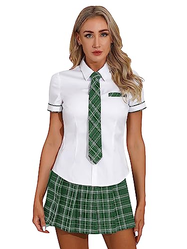 TiaoBug Damen Schulmädchen Kostüm 3er Set Kurzarm Hemd+Faltenrock+ Krawatte Schoolgirl Outfit Uniform Cosplay Karneval Fasching gr. S-XXXL Grün B S von TiaoBug