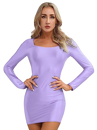 TiaoBug Damen Sexy Langarm Bodycon Minikleid Transparent Rollkragen Pullover Kleid ÖL Glanz Dessous Gogo Outfits Clubwear Lila B XL von TiaoBug