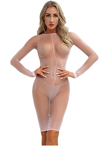 TiaoBug Damen Sexy Minikleid Transparent Figurbetond Bodycon Kleid Nylon Strumpfhosen Babydoll Nachtkleid Sommer Halbarm Etui Kleid Reizwäsche Rosa H Einheitsgröße von TiaoBug