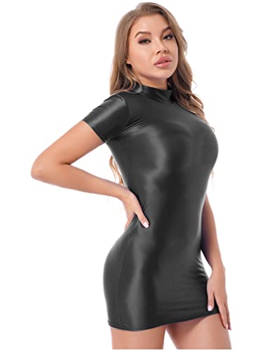 TiaoBug Damen Sexy Minikleid Transparent Figurbetond Bodycon Kleid Nylon Strumpfhosen Babydoll Nachtkleid Sommer Halbarm Etui Kleid Reizwäsche Schwarz F XL von TiaoBug