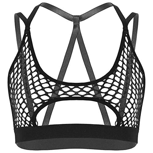 TiaoBug Damen Sexy Sport BH Strappy Bra Fischnetz Crop Top Sommer Bauchfreie Oberteile Ärmellos Weste Durchsichtig Dessous Clubwear Schwarz S von TiaoBug