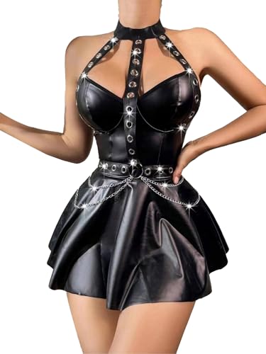 TiaoBug Damen Sexy Wetlook Kleid Strech Bodycon Minikleid Lackleder Partykleid Vorderer Reisverschluss Reizvoll Gogo Outfits Clubwear Schwarz I L von TiaoBug