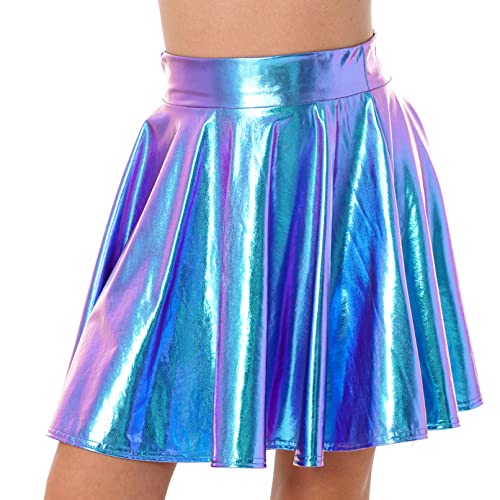 TiaoBug Damen Sexy Wetlook Rock High Waist Lack Leder Röcke Mini Glocken Skater Rock Glänzend Metallischer Faltenrock Clubwear Blau E M von TiaoBug