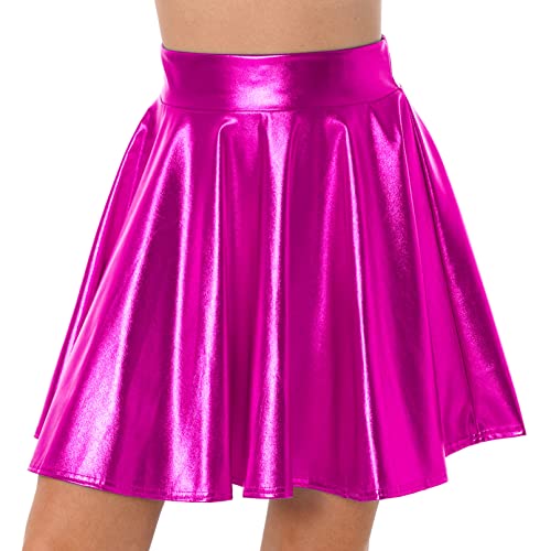 TiaoBug Damen Sexy Wetlook Rock High Waist Lack Leder Röcke Mini Glocken Skater Rock Glänzend Metallischer Faltenrock Clubwear Hot Pink D M von TiaoBug