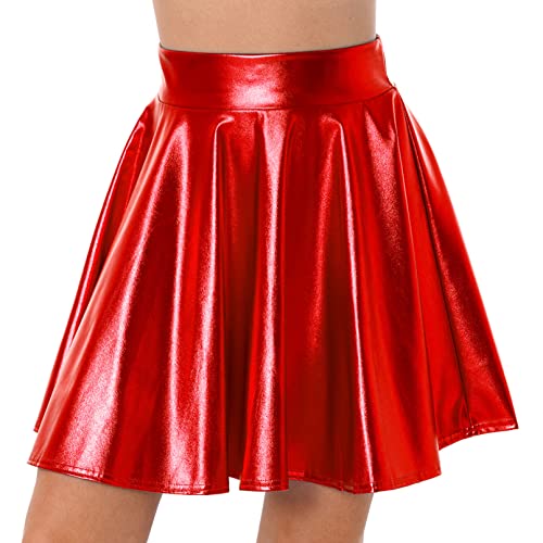 TiaoBug Damen Sexy Wetlook Rock High Waist Lack Leder Röcke Mini Glocken Skater Rock Glänzend Metallischer Faltenrock Clubwear Rot D L von TiaoBug