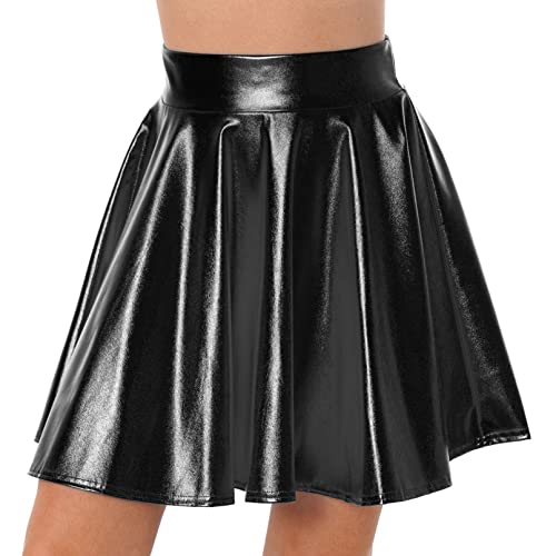 TiaoBug Damen Sexy Wetlook Rock High Waist Lack Leder Röcke Mini Glocken Skater Rock Glänzend Metallischer Faltenrock Clubwear Schwarz D XL von TiaoBug