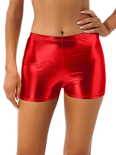 TiaoBug Damen Shorts Hotpants Metallic Kurze Hose Hohe Taille Elastisch Yoga Sport Shorts Fitness Tanz Glanz Booty Panty Hipster Rot C Einheitsgröße von TiaoBug