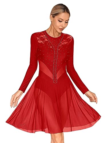 TiaoBug Damen Spitzen Ballett Kleid Strasssteine Ballett Trikot Tanzbody mit Tutu Rock Erwachsene Eiskunstlauf Kleider Rot XL von TiaoBug