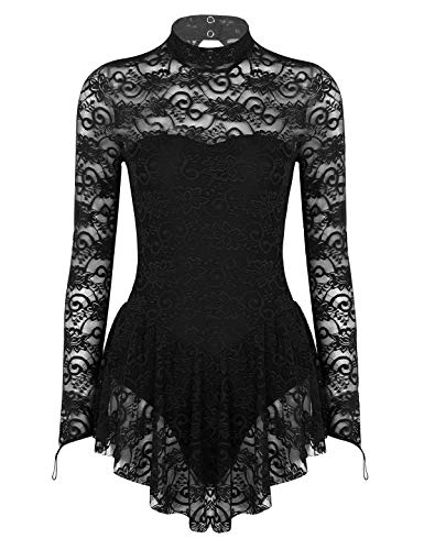 TiaoBug Damen Spitzen Eiskunstlauf Kleid Langarm Ballettkleid Rollkragen Ballettanzug Asymmetrisches Tanzkleid Gymnastikanzug Leotard Trikot Ballettkleidung gr. XS-XL Schwarz M von TiaoBug