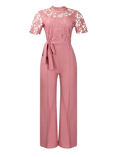 TiaoBug Damen Spitzen Jumpsuit Overall Einteiler Anzug Kurzarm Shirt Slim Fit Top mit lange Hose Hohe Taille Modern Anzughose Geschäftsfrau Business Kostüm Rosa L von TiaoBug