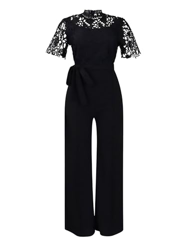 TiaoBug Damen Spitzen Jumpsuit Overall Einteiler Anzug Kurzarm Shirt Slim Fit Top mit lange Hose Hohe Taille Modern Anzughose Geschäftsfrau Business Kostüm Schwarz XL von TiaoBug
